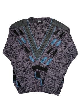 Vintage 80s Street Scenes Chunky Fuzzy Knit Leather Trim Geometric Sweater Small